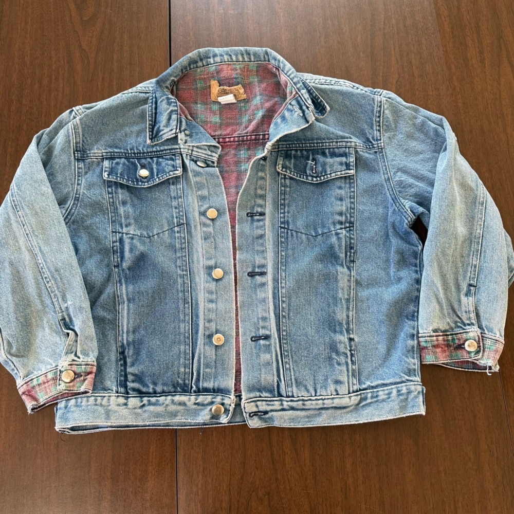 Vintage Action West Denim Jacket Plaid Flannel Lined Light Wash Trucker Small